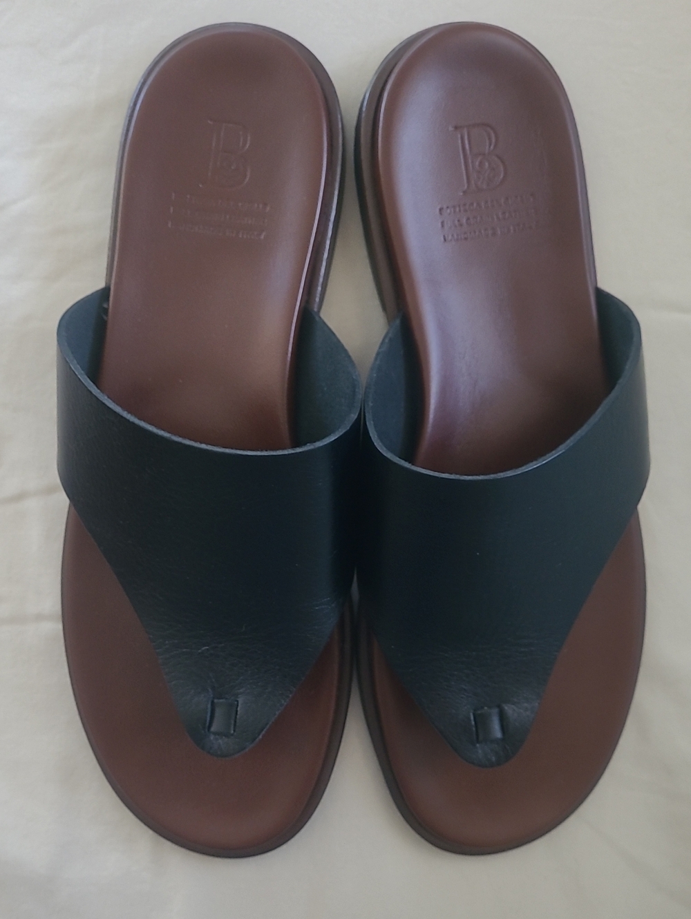 Botega Del Giglio Black Over Brown Leather Toe-Post Sandals Italian Hand Made